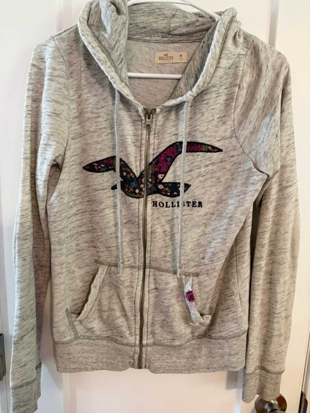 Hollister Heather Gray Zip Hoodie with Embroidered Logo Accent